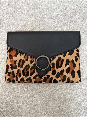 Leopard Print Envelope Clutch with Black Flap and Snake Ring Detail